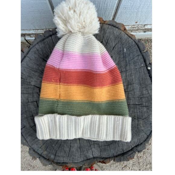 Billabong Knit Beanie Winter Hat, Striped, Ball On Top, Cotton Blend, One Size - Picture 2 of 5